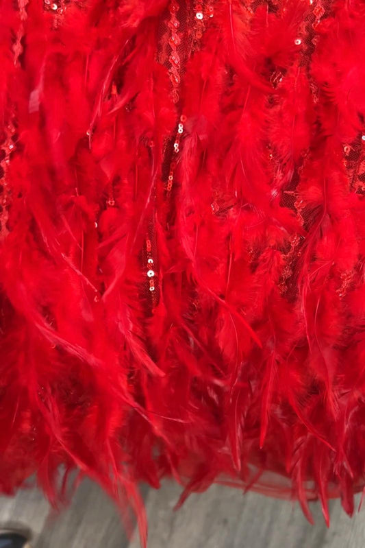 Tissu Dentelle Rouge Plumes et Sequins Au Mètre – Haute Couture