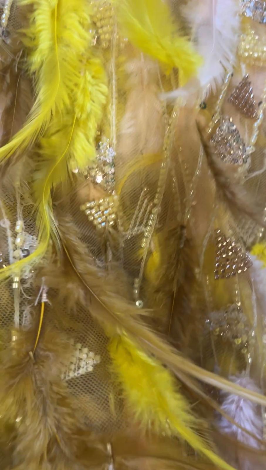 Tissu Haute Couture Plumes & Perles Doré