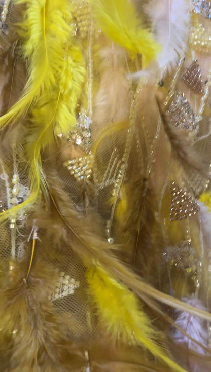 Tissu Haute Couture Plumes & Perles Doré
