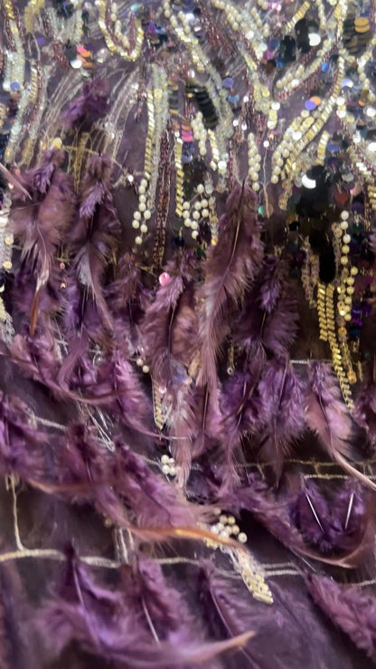 Coupon de 3,50 mètres – Tulle Haute Couture sequins & plumes mauves violettes (140 cm)