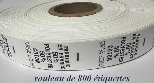 800 Etiquettes De Vêtements  50 % Polyester , 50 % Coton x A Coudre , Contexture " FABRIQUE EN FRANCE ".