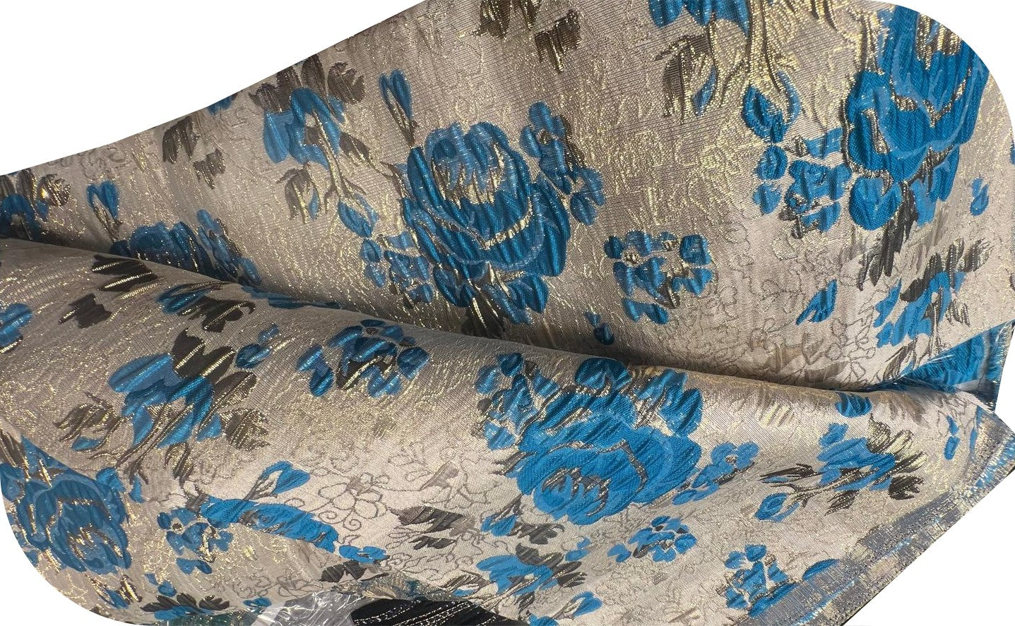 Brocart Floral Turquoise et Doré - Tissu Jacquard Luxe 145 cm