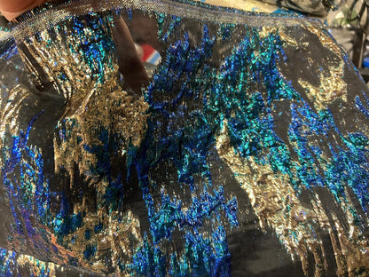 Tissu Brocart Iridescent sur Organza Noir – Reflets Bleu Canard et Or – 145 cm de Largeur