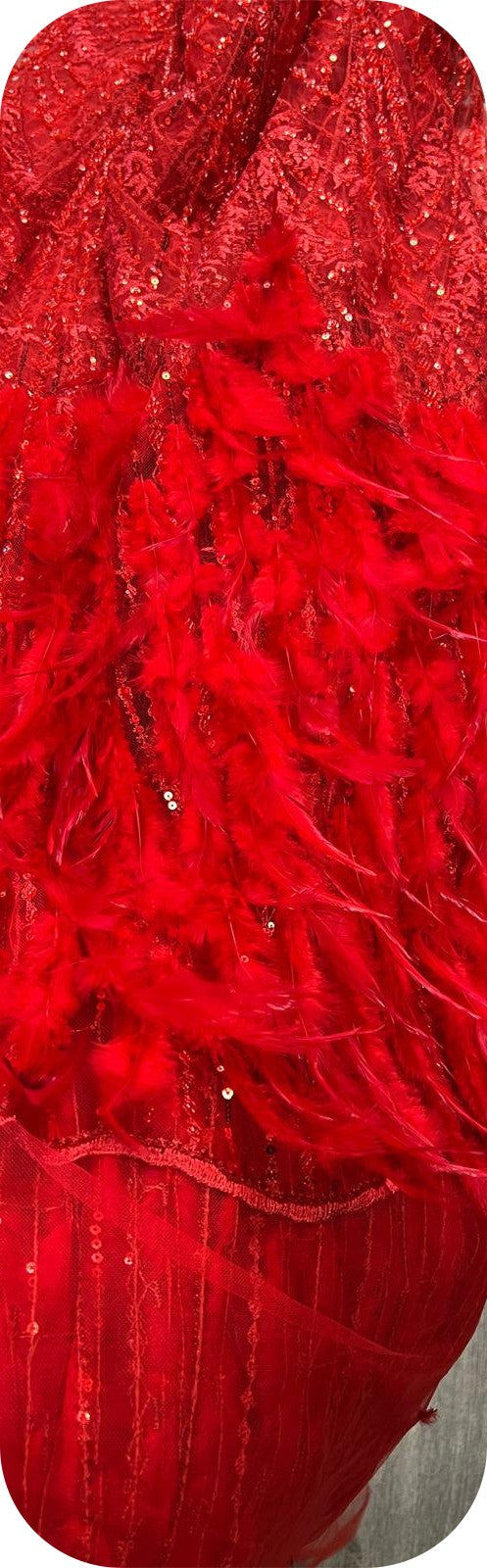 Coupon Dentelle Rouge Plumes et Sequins – 3,50m – Haute Couture