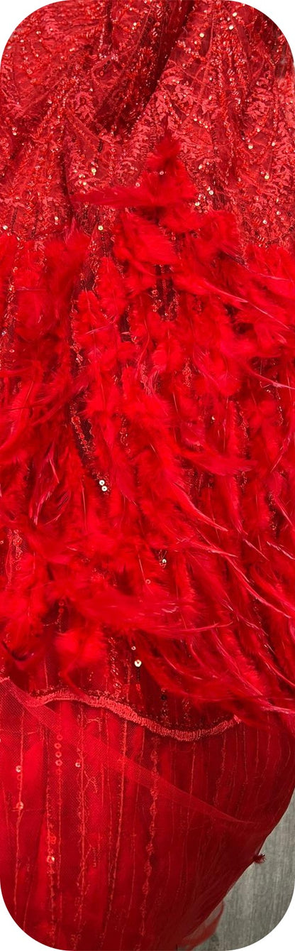 Coupon Dentelle Rouge Plumes et Sequins – 3,50m – Haute Couture
