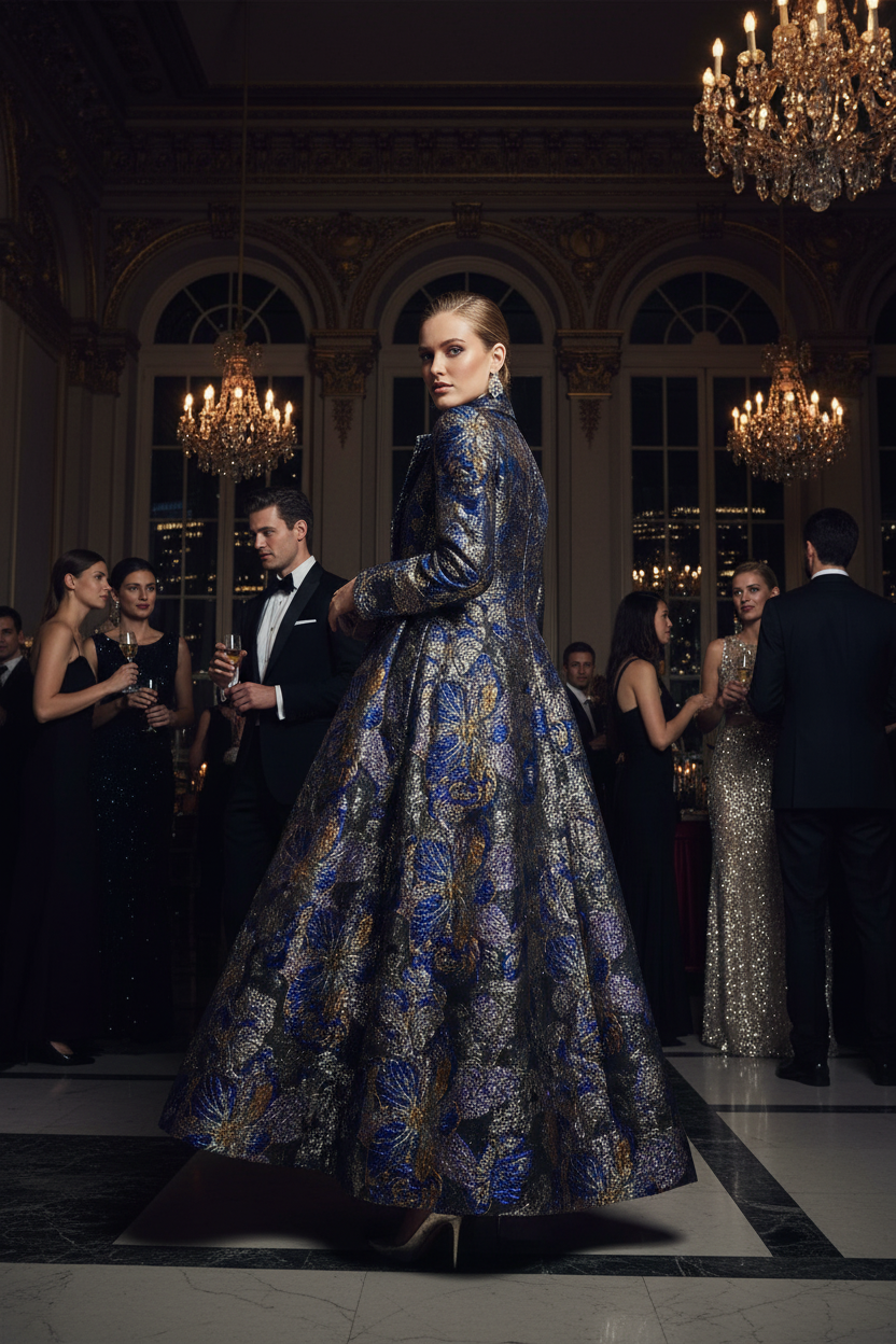 Manteau en brocart floqué bleu royal et or - soirée