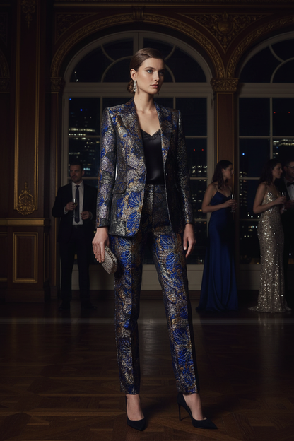Tailleur en brocart floqué bleu royal et or - soirée