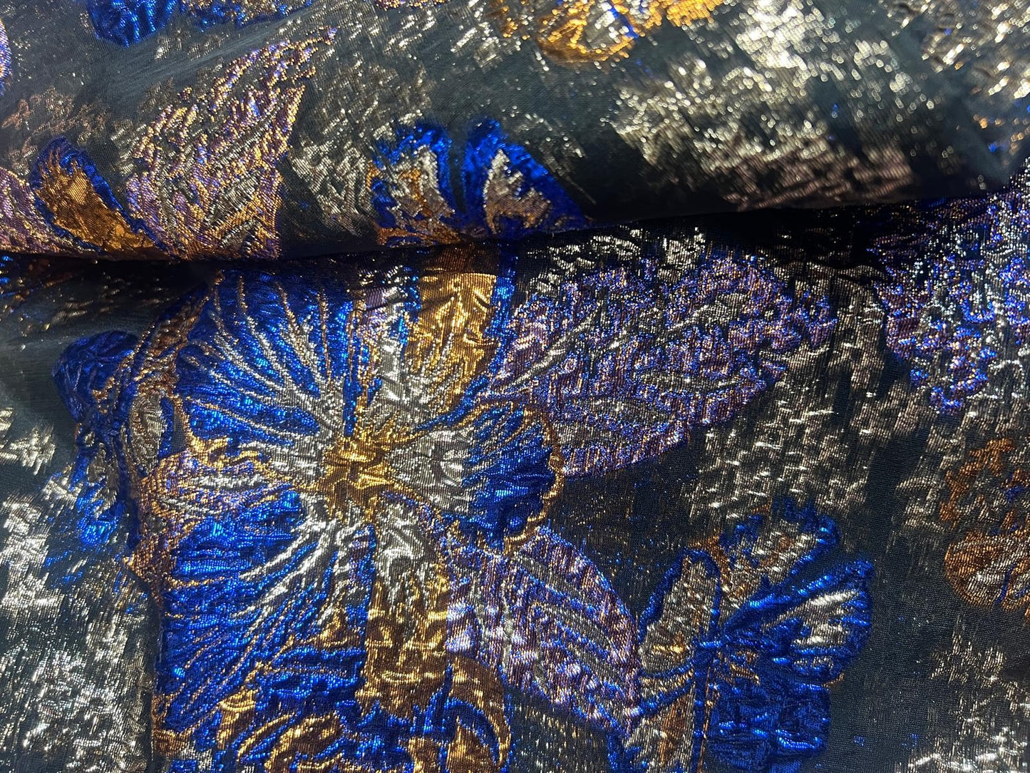Brocart Floqué Jacquard Noir Bleu Royal Or 145 cm