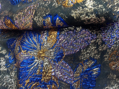 Brocart Floqué Jacquard Noir Bleu Royal Or 145 cm