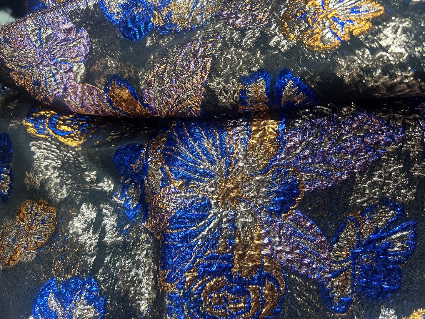 Brocart Floqué Jacquard Noir Bleu Royal Or 145 cm
