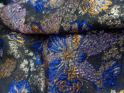 Brocart Floqué Jacquard Noir Bleu Royal Or 145 cm