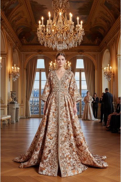 Caftan haute couture en brocart perlé cuivré et or – cérémonie parisienne