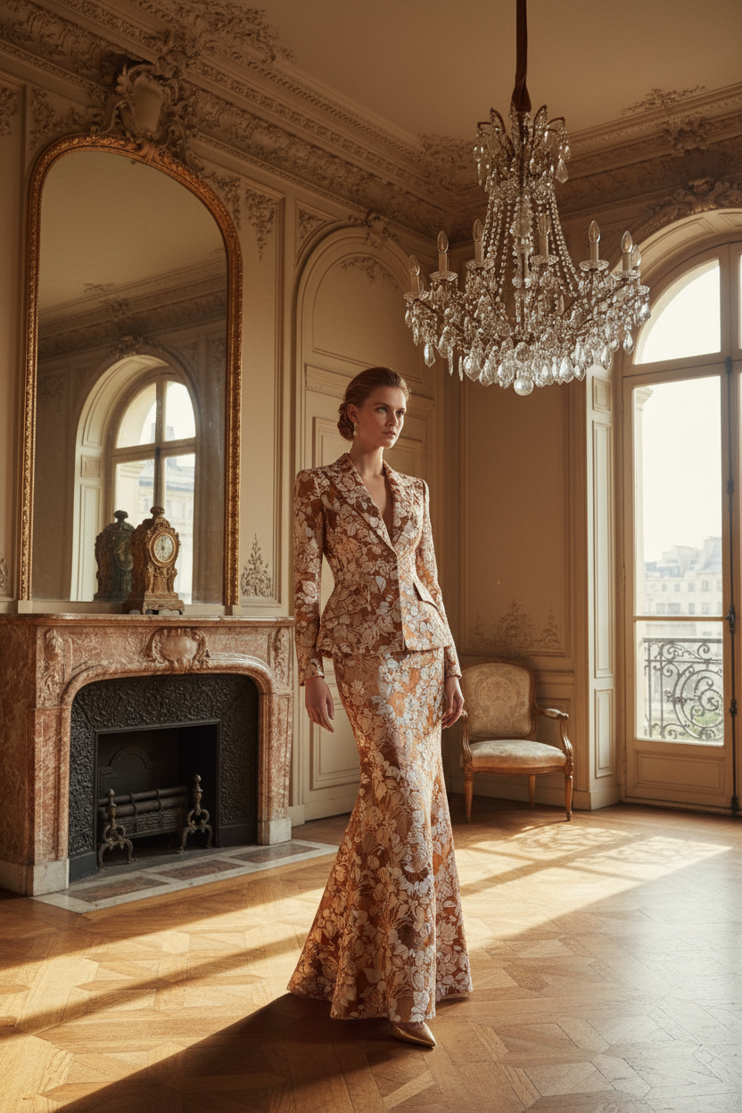Tailleur veste et jupe longue en brocart perlé cuivré et or – cérémonie parisienne