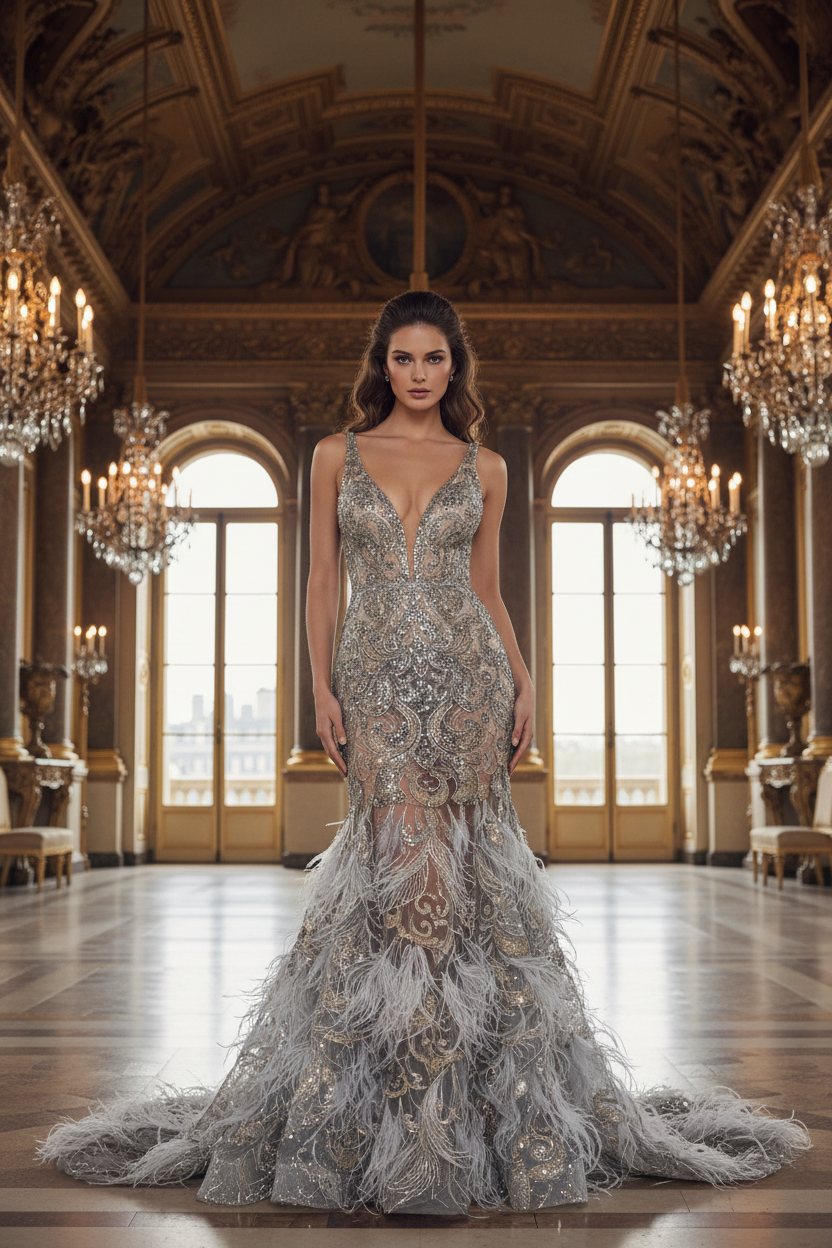 Robe du soir tulle sequins plumes grises dans un château français / Evening gown grey feathered sequined tulle in French château