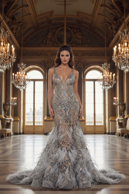 Robe du soir tulle sequins plumes grises dans un château français / Evening gown grey feathered sequined tulle in French château