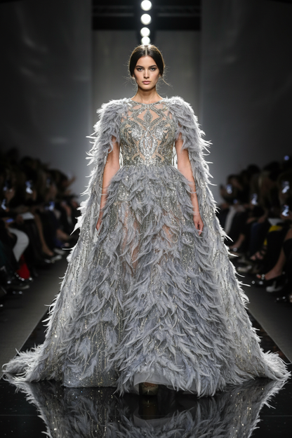 Défilé haute couture – robe tulle sequins et plumes grises sur podium Fashion Week / Haute couture runway – grey feathered sequined tulle gown on catwalk