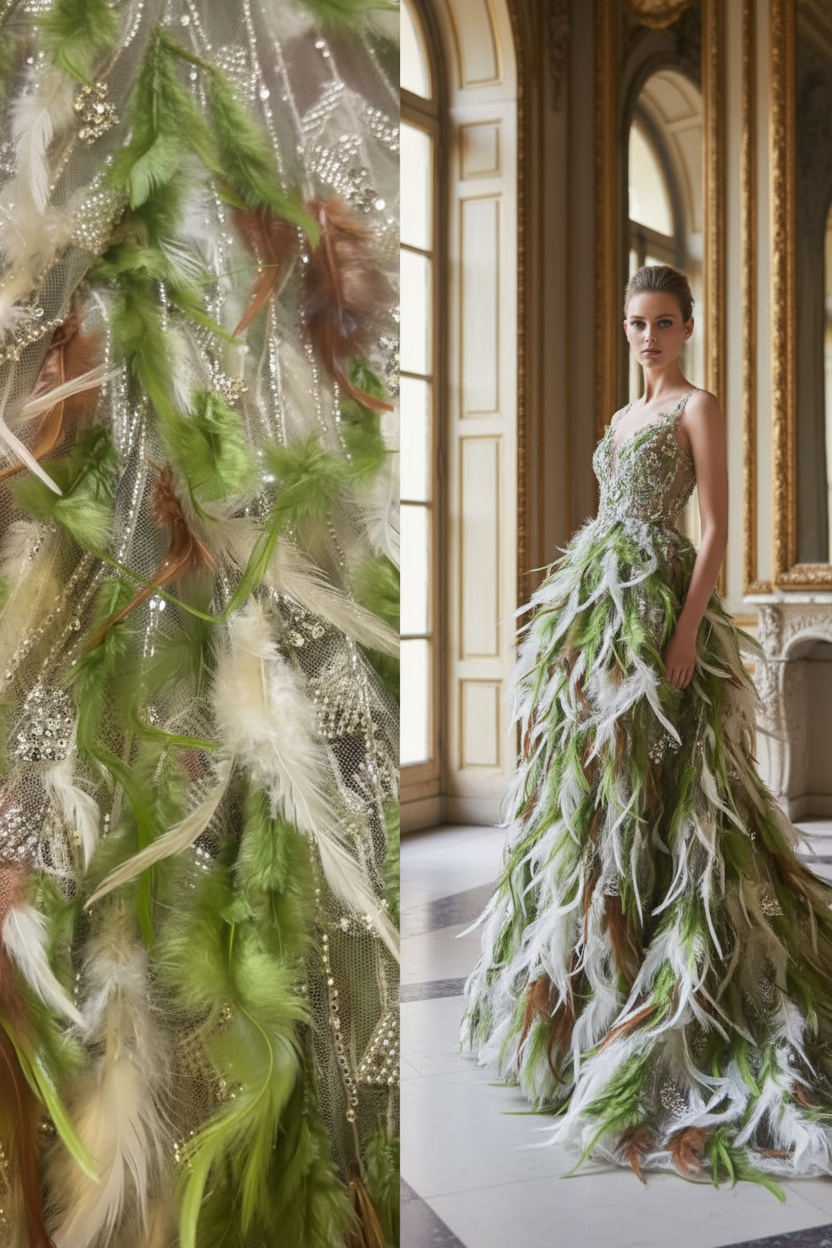 Tulle perlé avec plumes vert et blanc – gros plan et robe haute couture / Beaded tulle with green and white feathers – close-up and couture gown