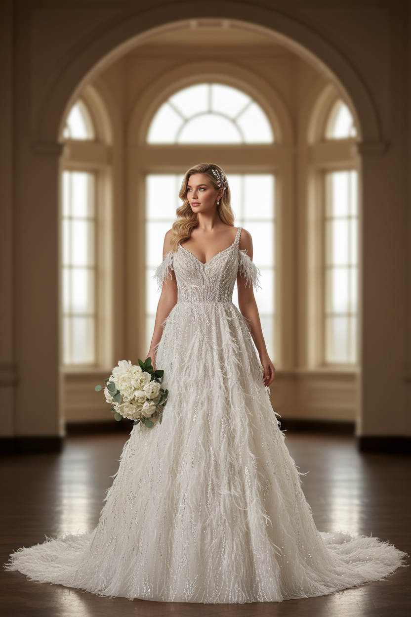 Mariée blonde en robe de dentelle ivoire perlée ornée de plumes – tissu mariage haute couture