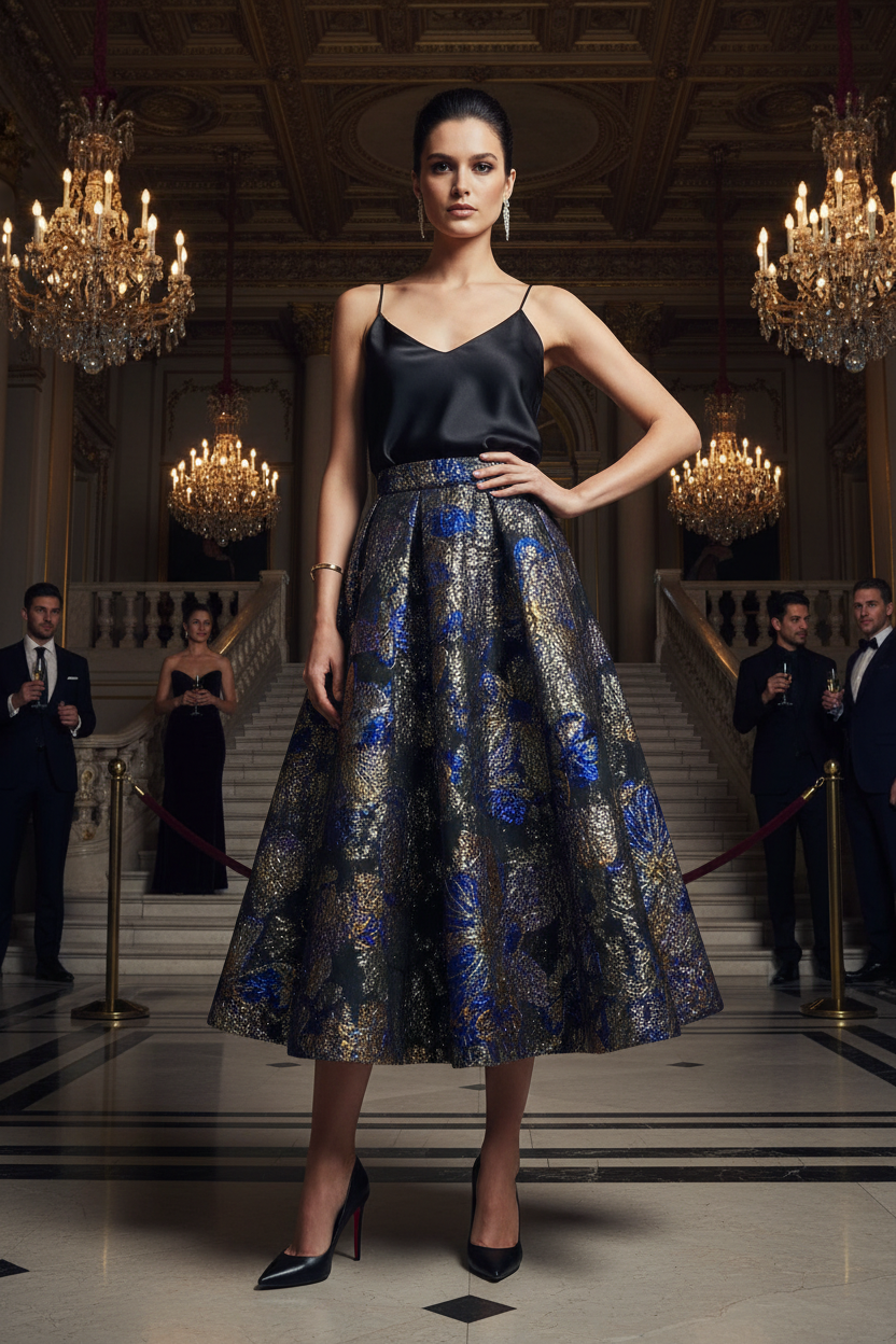 Jupe en brocart floqué bleu royal et or - soirée