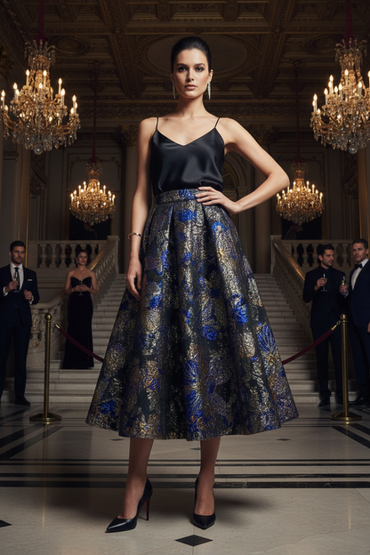 Jupe en brocart floqué bleu royal et or - soirée