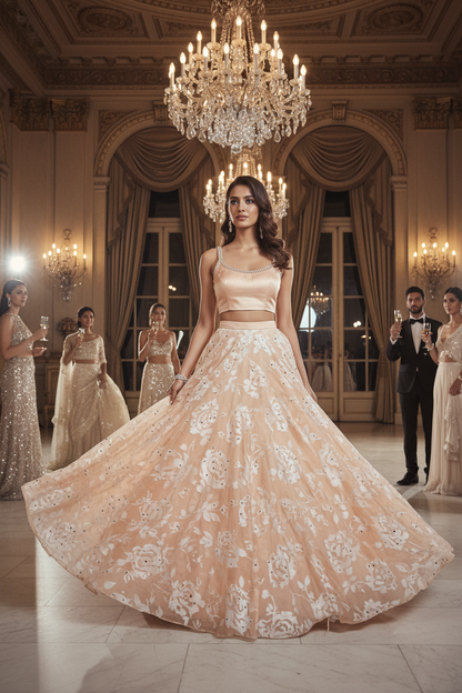 Jupe en mousseline devoré saumon clair ornée de strass – soirée mondaine