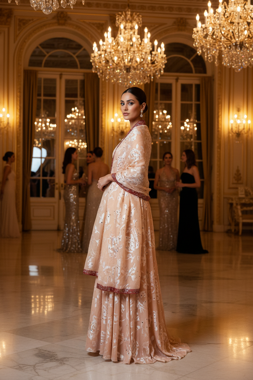 Étole en mousseline devoré saumon clair ornée de strass – soirée mondaine