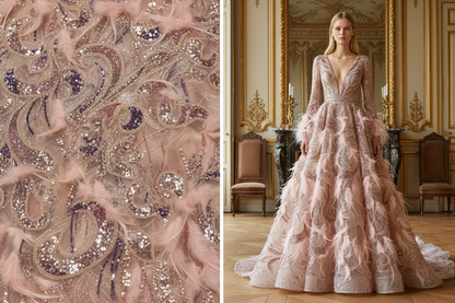 Tissu haute couture plumes rosées et perlage doré – composition éditoriale tissu et robe