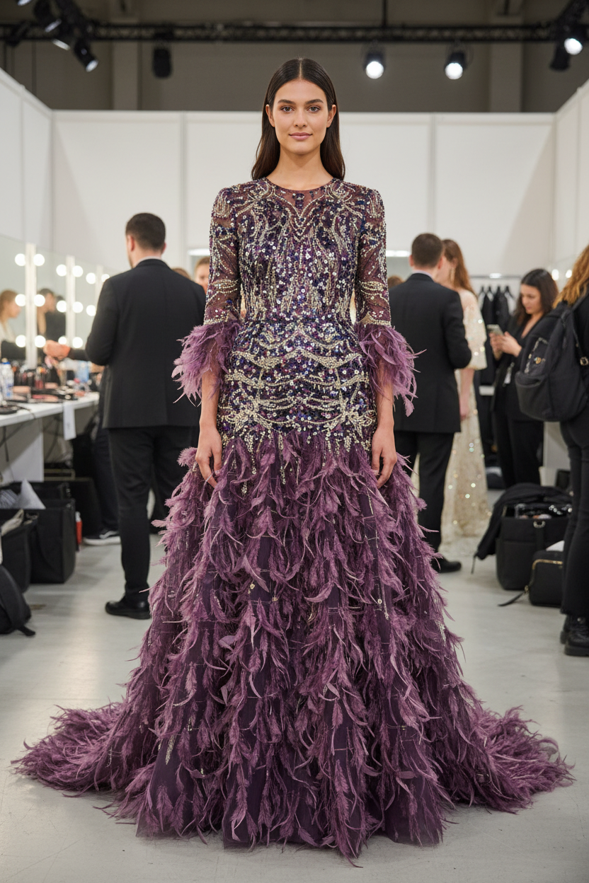Jeune femme ultra-réaliste en robe haute couture tulle violet plumes mauves – photo studio / Ultra-realistic young woman in purple feathered tulle haute couture gown – studio photography