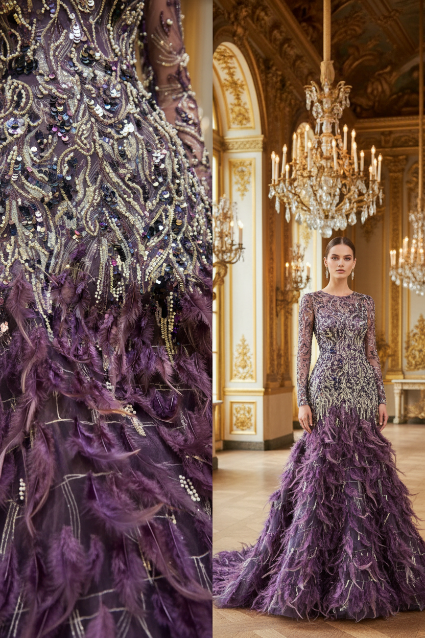 Tulle violet sequins iridescents et plumes mauves – composition éditoriale haute couture / Purple feathered iridescent sequined tulle – haute couture editorial