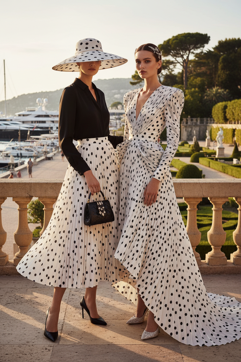 Éditorial haute couture Riviéra française – silhouettes en tissu plissé pois – French Riviera haute couture editorial polka dot pleated fabric