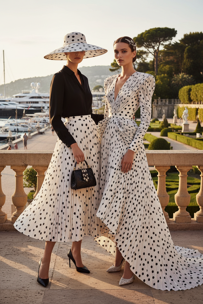 Éditorial haute couture Riviéra française – silhouettes en tissu plissé pois – French Riviera haute couture editorial polka dot pleated fabric