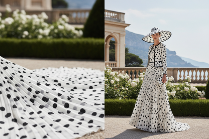 Lookbook couture Monaco Paris – jupe et robe plissée à pois noirs avec chapeau assorti – Polka dot pleated couture skirt and dress with matching hat