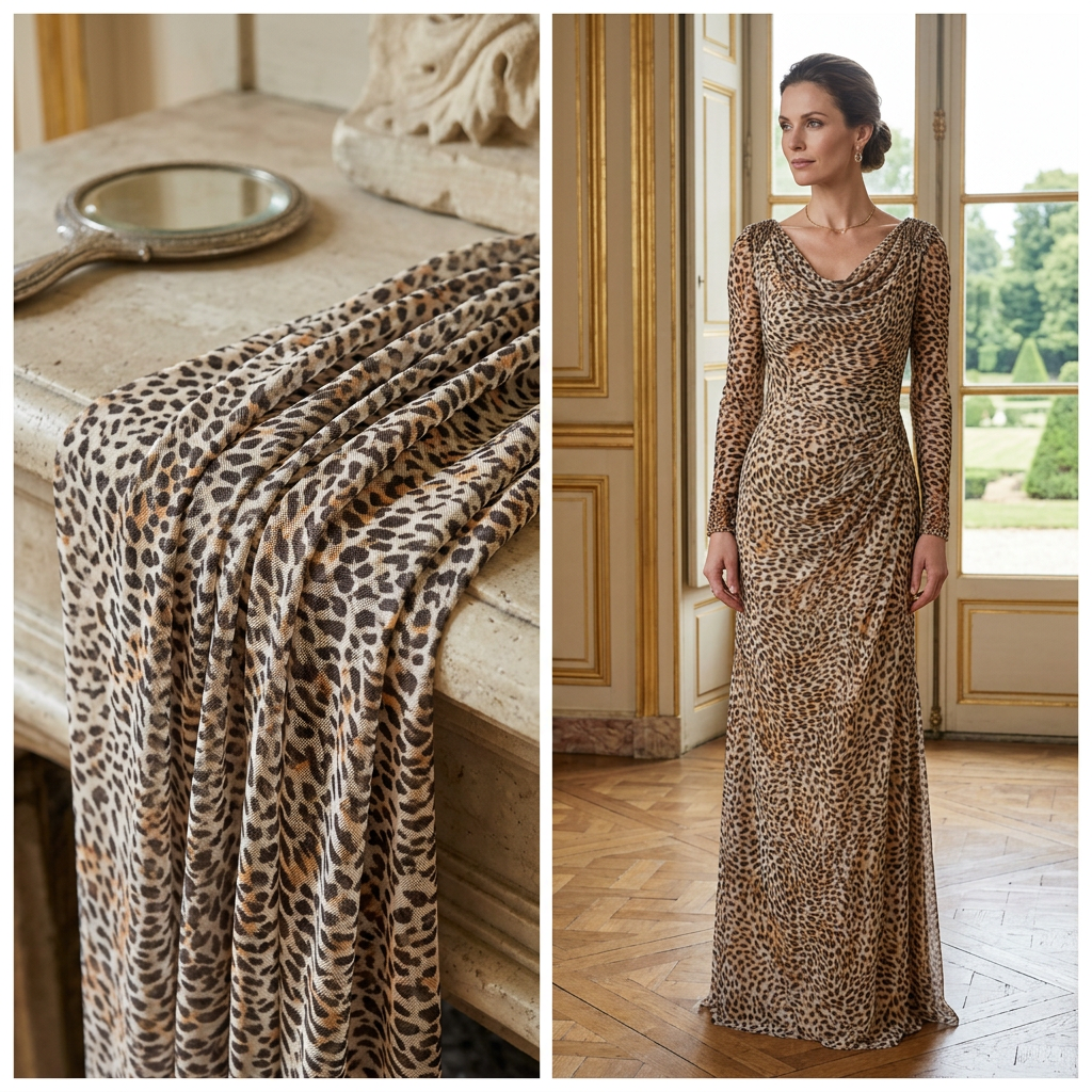 Résille fine Lycra imprimée léopard, détail du tissu à gauche et robe doublée portée à droite. / Leopard-print fine Lycra mesh, fabric close-up left and lined dress worn right.