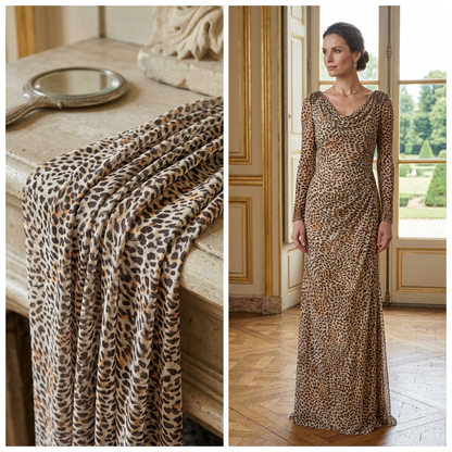 Résille fine Lycra imprimée léopard, détail du tissu à gauche et robe doublée portée à droite. / Leopard-print fine Lycra mesh, fabric close-up left and lined dress worn right.