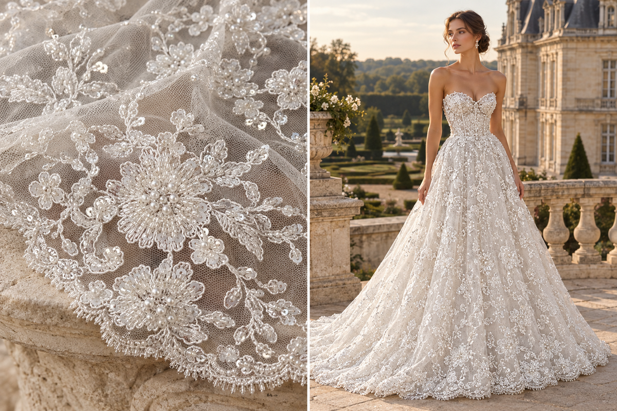 Tulle blanc perlé « Éclat de Mariée » – Festonné des deux côtés
