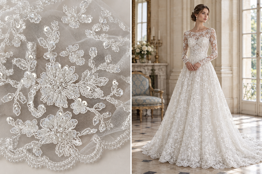 Tulle blanc à motifs floraux perlés à gauche et robe de mariée dans un château français à droite, création illustrative. / White floral beaded tulle on the left and a bridal gown in a French château on the right, illustrative design.