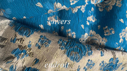 Brocart Floral Turquoise et Doré - Tissu Jacquard Luxe 145 cm