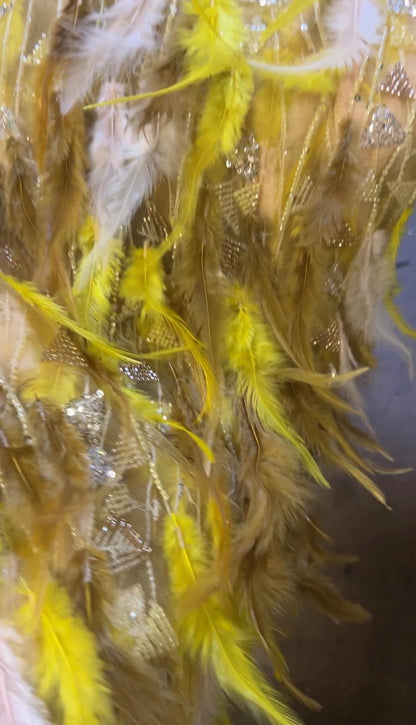 Tissu Haute Couture Plumes & Perles Doré