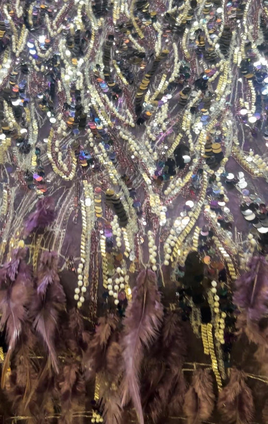 Coupon de 3,50 mètres – Tulle Haute Couture sequins & plumes mauves violettes (140 cm)