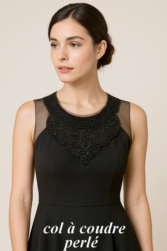 Applique Encolure Noir : Col Perlé sur Résille Couture.