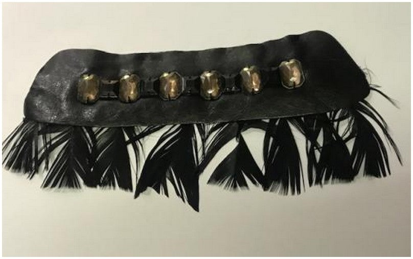 Applique Motif Patch  Noir A Coudre  En Cuir et Strass Orné De Plume