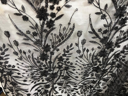 Tulle Perlé Noir 145cm - Tissu Brodé Perles Florales - Haute Couture