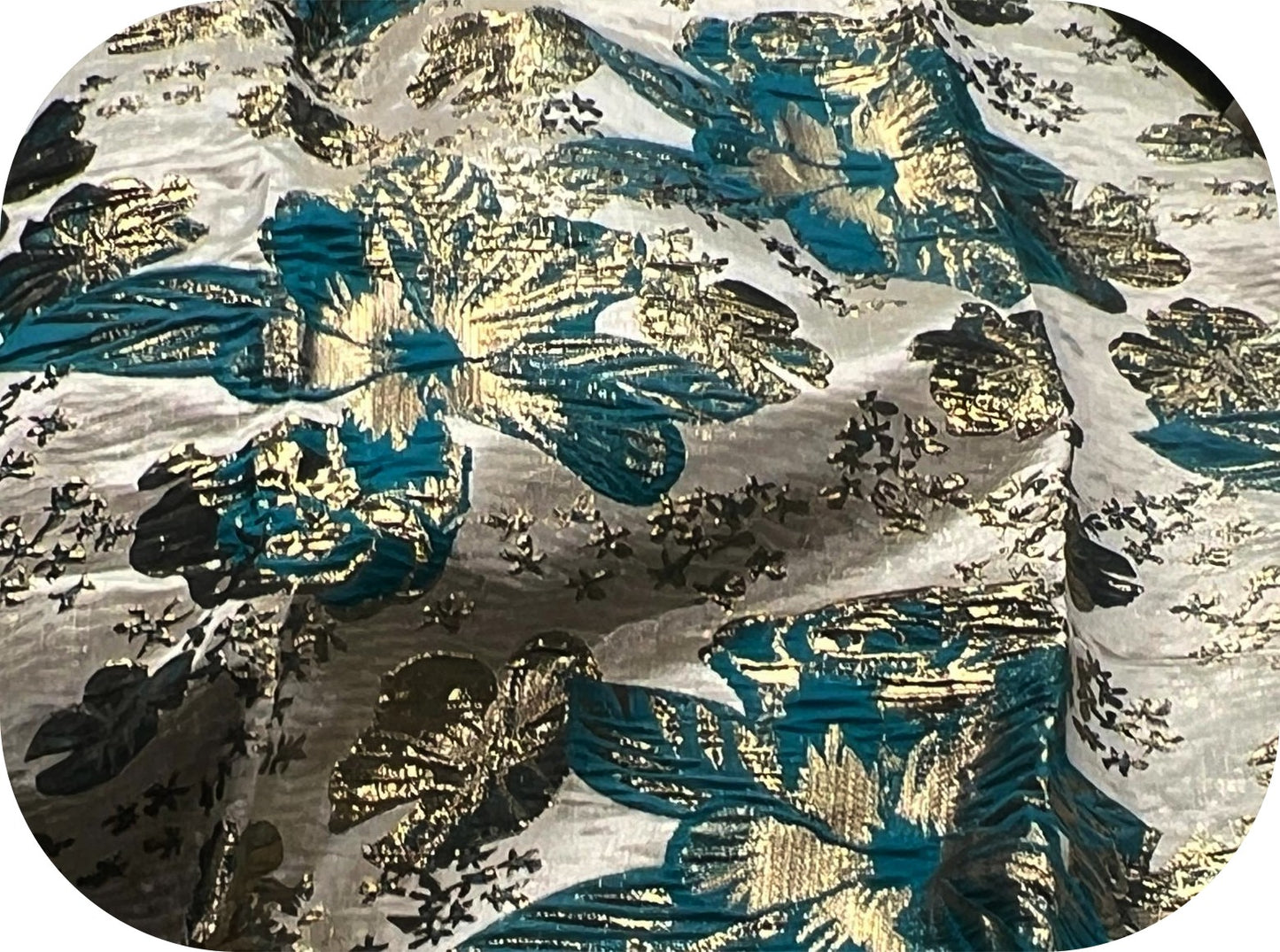Brocart Floral Vert-Bleu et Doré - Tissu Jacquard Luxe 145 cm