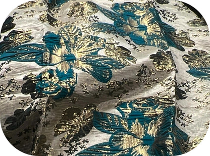 Brocart Floral Vert-Bleu et Doré - Tissu Jacquard Luxe 145 cm