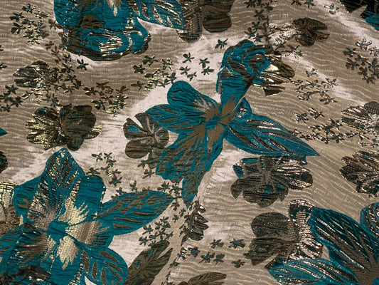 Brocart Floral Vert-Bleu et Doré - Tissu Jacquard Luxe 145 cm