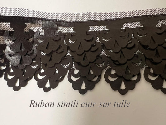 Ruban Simili Cuir Marron Sur Tulle 60mm Au Mètre - Dentelle 3 Étages Festonnée