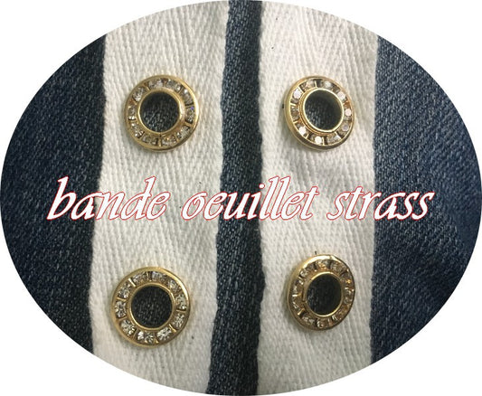 Bande à Oeuillet Doré  Strass Sur Coton Blanc Au Mètre   En 2 Cm A Coudre Pour Cosets, Agrafage et Serrage.