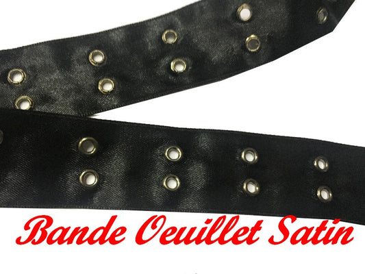 Bande à Oeuillet Sur Satin Noir Au Mètre   En 3 Cm A Coudre Pour Agrafage et Serrage