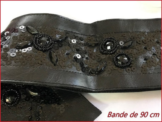 Bande de Ruban Simili Cuir Perlé Noir Au Mètre En  7.5 Cm  A Coudre Pour Vetements  Décorations