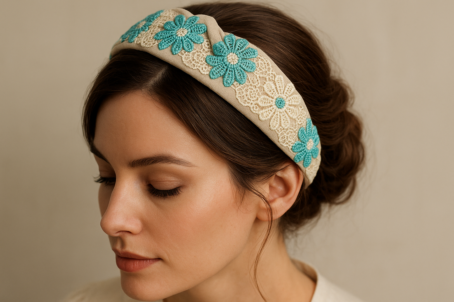 Guipure Turquoise et Écrue 17cm - Dentelle Florale Premium au Mètre